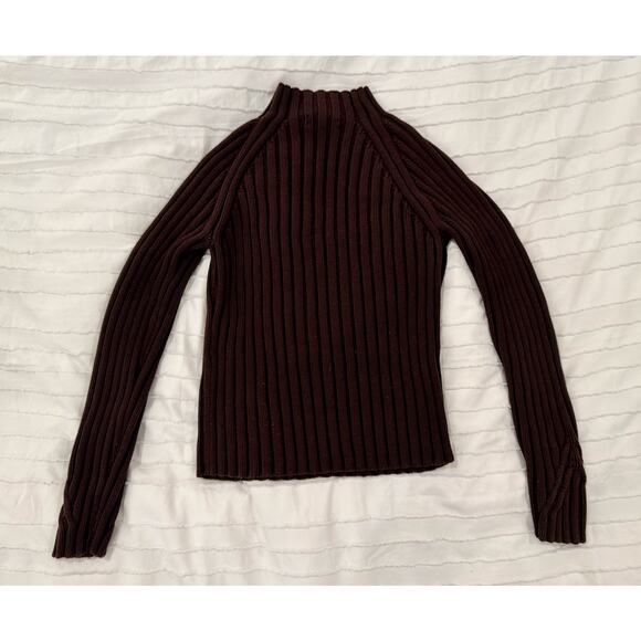 Ribbed Mock Neck Sweater Women's Small Brown Cotton Dark Academia Minimalist - Picture 15 of 16